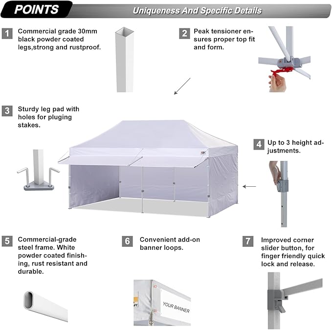 ABCCANOPY 10x20 Pop up Canopy Tent with Sidewalls - Easy up Canopies with Awning, Outdoor Tents for Parties, Market, Commercial Events, White