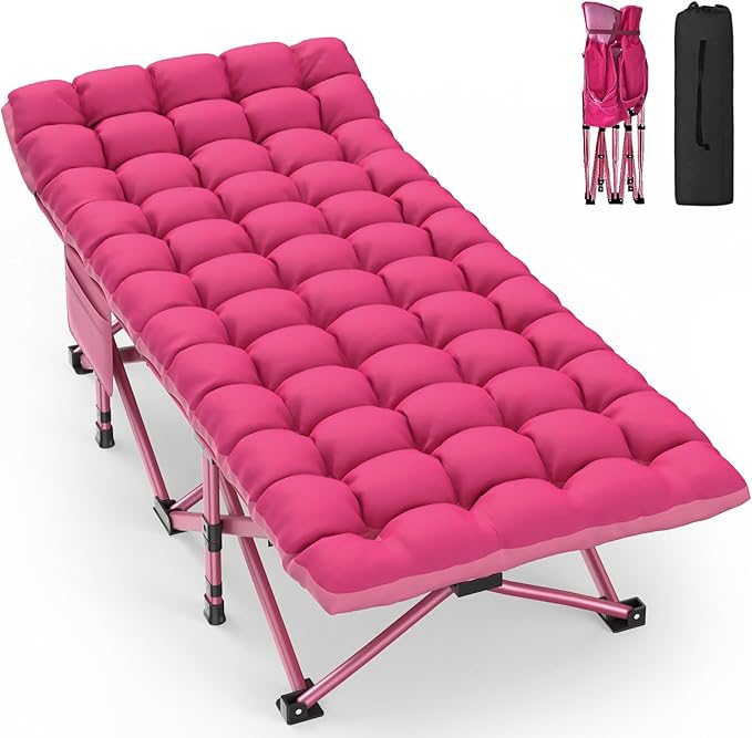 ZENPETIO Oversized XXL Folding Camping Cot, Heavy Duty Sleeping Cot for Adults with Mattress and Pillow, Portable Cot Bed with Carry Bag for Outdoor Camp Travel Home Guest Office, Pink