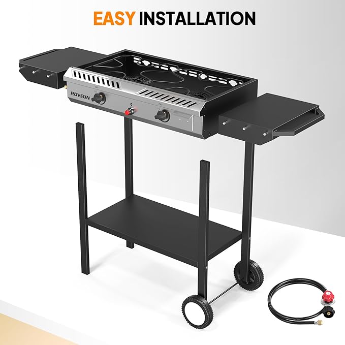 ROVSUN 2 Burner Propane Stove with Auto Ignition, 150,000 BTU Gas Stove with Side Shelves, Rolling Wheels & Regulator for Home Outdoor Backyard Camping Cooking Frying Brewing Canning