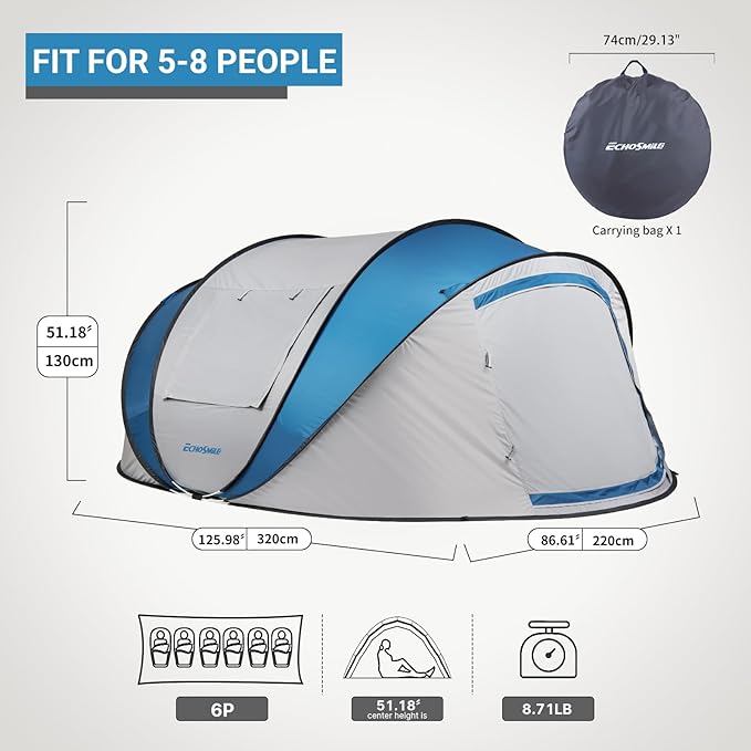 EchoSmile Instant Pop Up Camping Tent, 2/4/6 Person, Easy Setup Tent, Water Resistant Dome, Portable with Carry Bag
