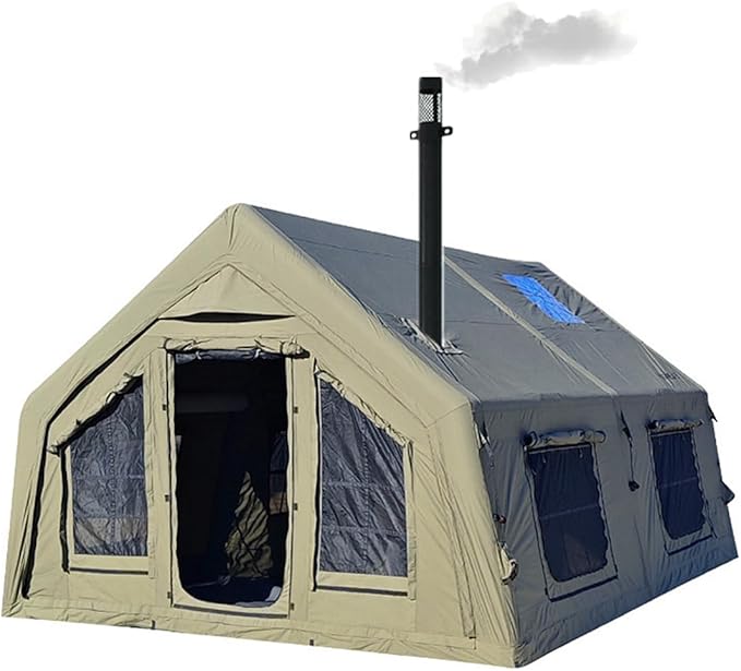 4 Season Air Tent Glamping Tent with Separate Living and Sleeping Area,Waterproof Pop-Up Outhouse Yurt with Pump and Stove Jack Hole, 8-10 Person Camping Quick Set Up