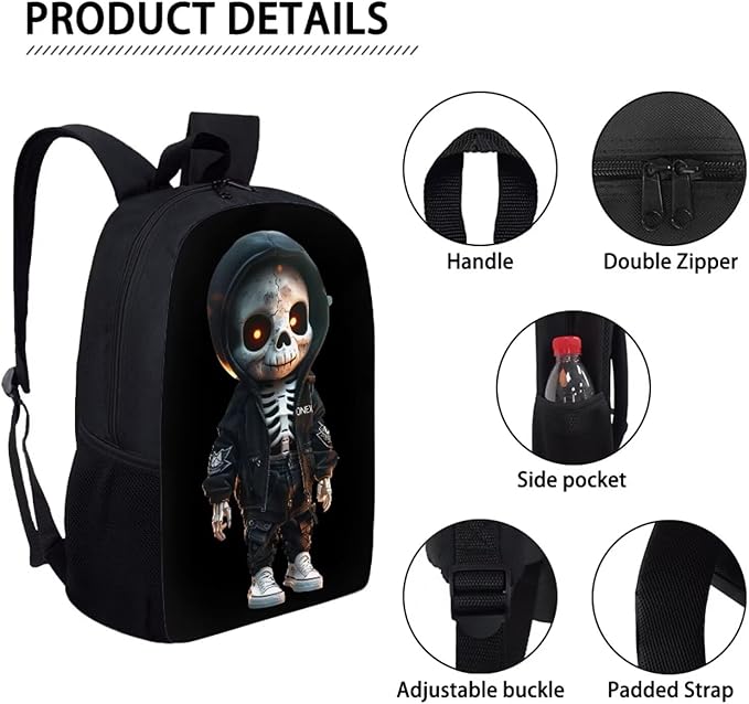 Skull Skeleton Backpack for School Boys 3 in 1 Cute Lightweight Kids Bookbag with Lunch Box 17 Inch Large Capacity Teens School Bags 7 Years Old for Toddler Back to School Travel Daypack
