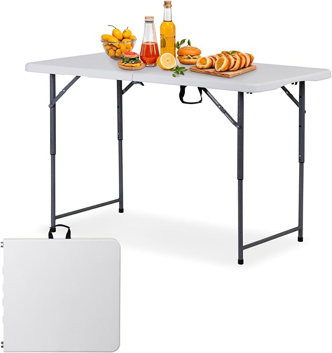ZenStyle 4 ft Folding Table, 48x24 Inch White Portable Plastic Table, Height Adjustable & Lightweight for Indoor Outdoor Use, Camping, Parties, Events, Dining