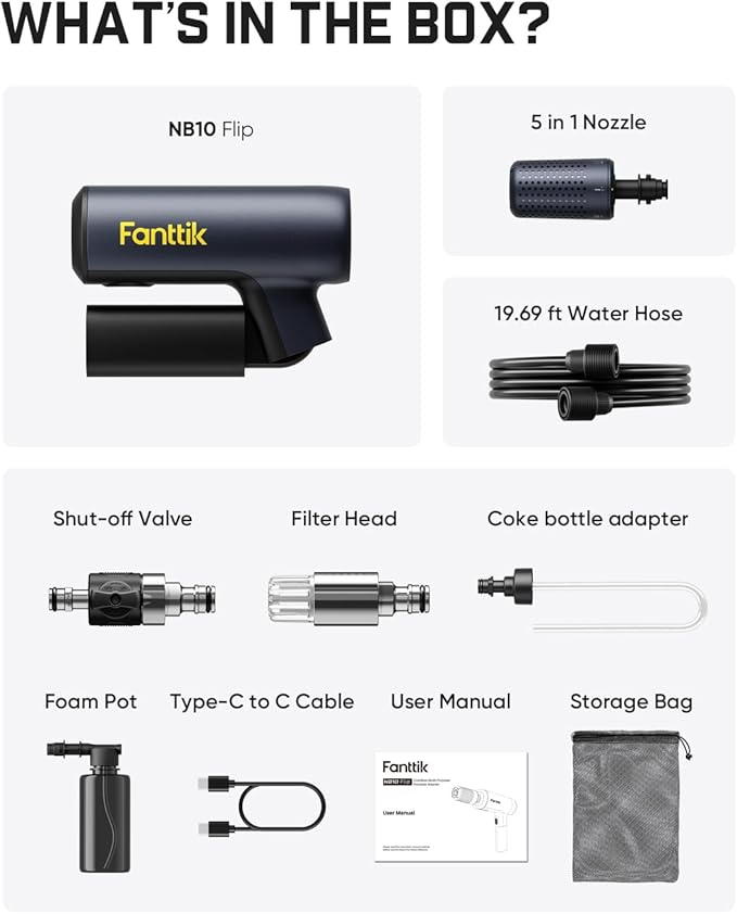 Fanttik NB10 Flip Portable Pressure Washer Gun, Foldable Cordless Pressure Washer Sprayer, Multi-Scenario Compatibility, 5-in-1 Nozzle, HD LED Display and Type-C Charging, for Patio, Camping, Bicycles