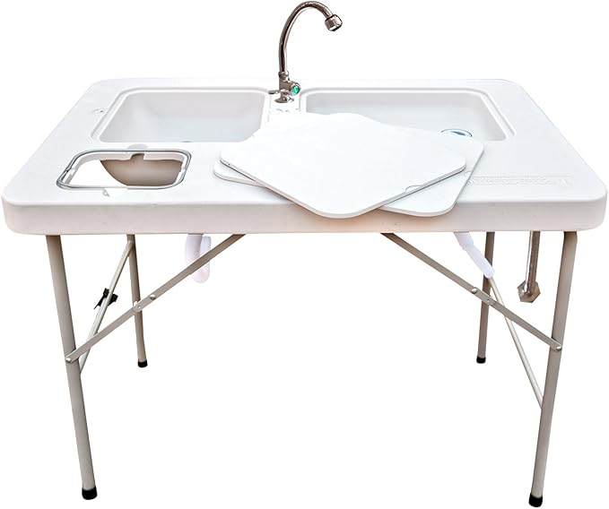 Coldcreek Outfitters Work Station Table, Portable, Foldable, Dual Sink, Rugged, Outdoor Kitchen Accessory, 40x26x33 inches, Grey