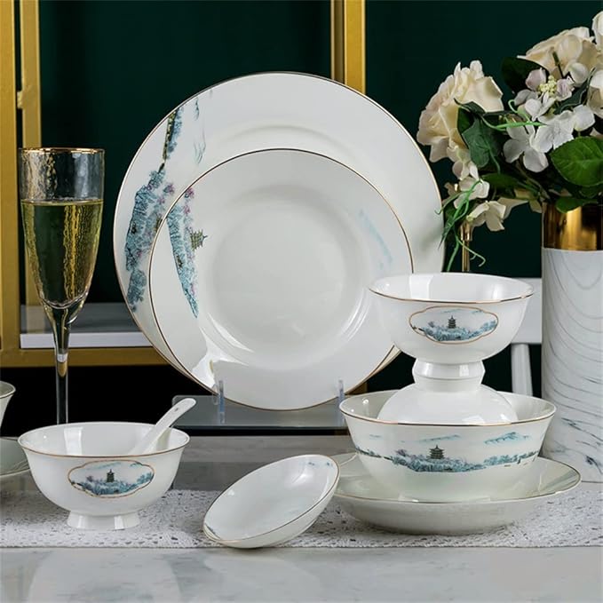 Retro Household Bone Porcelain Tableware Dishes Dishes and Chopsticks Set