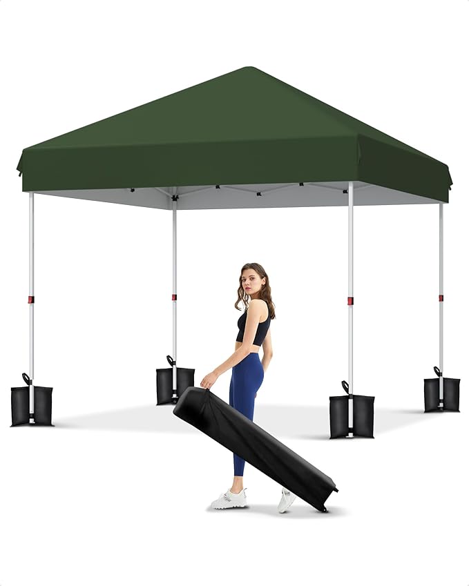 GarveeLife 10x10 Pop Up Canopy with One Button Push Setup - Heavy Duty Outdoor Canopy Tent with Portable Roller Bag - 3 Adjustable Height, 4 Weight Bags, 8 Stakes & 4 Guy Ropes Included, Green