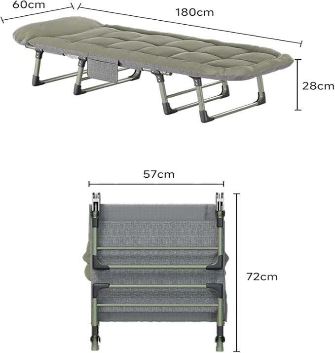 Folding Bed with Thick Cotton Mattress, 6-Position Adjustable with Side Pocket Single Person Portable Cot Chair for Bedroom Living Room Office, Outdoor Foldable Camping Cot(180 * 60 * 28cm)