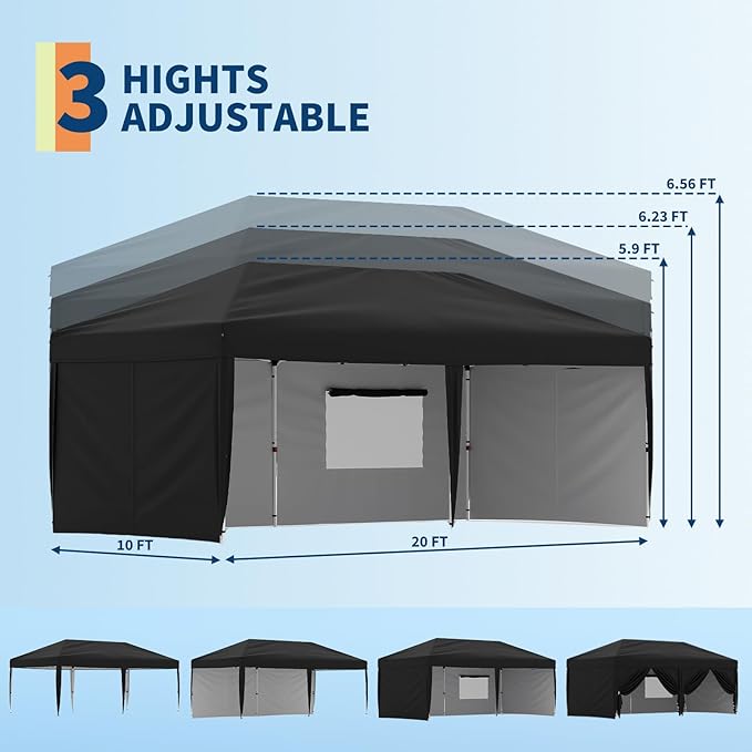 10x20 Pop Up Canopy with 0/4/6 Sidewalls, Beach Ten with One Push Setup, Heavy Duty Outdoor Instant Canopy Tent with Portable Roller Bag, Silver Coated Top, 3 Adjustable Height, Sandbags
