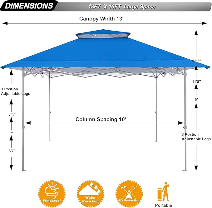 ABCCANOPY 13x13 Pop Up Canopy with Double Ventilated Top, 4 Sandbags, 4 Ropes and 8 Stakes (Blue)