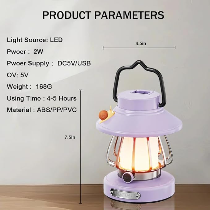 Kids Lantern with 3 Color Light & USB-C Rechargeable, Dimmable Camping Night Light for Children, Safe & Durable ABS Plastic Toddler Flashlight for Bedroom, Tent, Emergency (Purple)