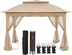 COOS BAY Pop up Gazebo 11x11, Instant Canopy Tent with Mesh Netting, Patio Gazebo with 121 Square Feet of Shade, 4 Weight Bags Included, Khaki