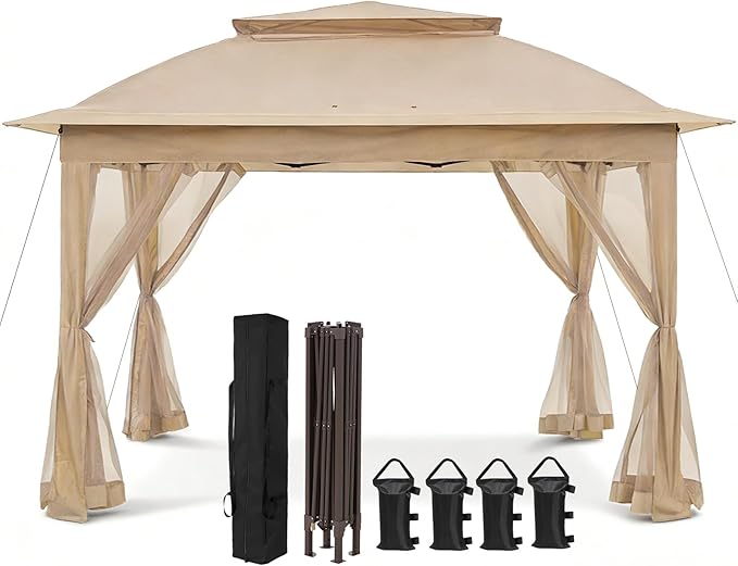 COOS BAY Pop up Gazebo 11x11, Instant Canopy Tent with Mesh Netting, Patio Gazebo with 121 Square Feet of Shade, 4 Weight Bags Included, Khaki