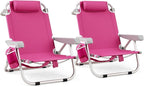 GYMAX Beach Chair, 330lbs Backpack Lounger with 5-Position Backrest, Storage Bag, Side Pocket, Towel Bar & Headrest, Foldable Low Beach Lounge, Portable Aluminum Lay Out Camp Chair (2, Pink)