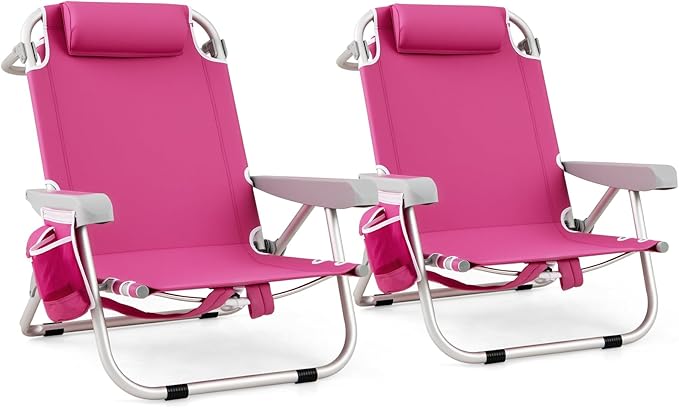 GYMAX Beach Chair, 330lbs Backpack Lounger with 5-Position Backrest, Storage Bag, Side Pocket, Towel Bar & Headrest, Foldable Low Beach Lounge, Portable Aluminum Lay Out Camp Chair (2, Pink)