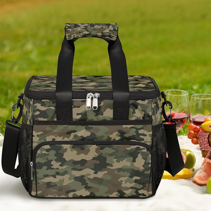 Leakproof Reusable Insulated Cooler Lunch Bag Army Camouflage Camo Pattern Picnic Lunch Box for Women Men Cooler Tote Office Work Camping Beach 24 Can 15L