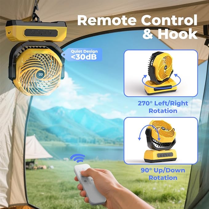 30000mAh Portable Camping Fan with RGB Lantern, Rechargeable Battery Powered Oscillating 4 Wind Speeds LED Display, Remote Control Timer Tent Beach Cordless USB Fans for Travel Home Outdoor, Yellow