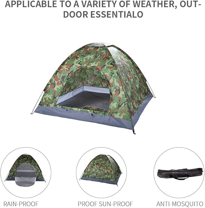 Camouflage 4 Person Camping Dome Tent, Pop-Up Tent with 180T Silver Coated Polyester, Waterproof Nylon Oxford, Fiberglass Poles, for Outdoor Hiking, Fishing, and Camping