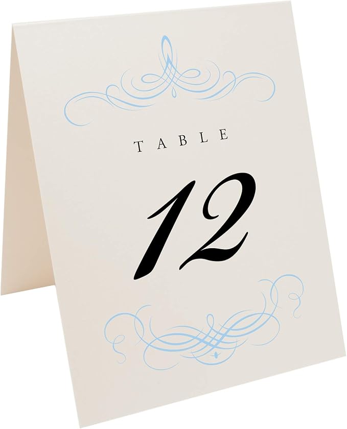 Decadent Flourish Wedding Table Numbers (Select Color/Quantity), Champagne, Light Blue, 1-65, Double Sided, Tent or Use in a Stand, Great for Parties & Restaurants