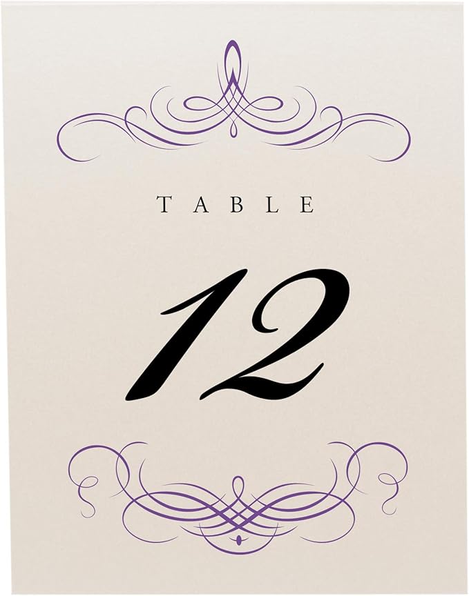 Decadent Flourish Wedding Table Numbers (Select Color/Quantity), Champagne, Purple, 1-65, Double Sided, Tent or Use in a Stand, Great for Parties & Restaurants - Made in the USA
