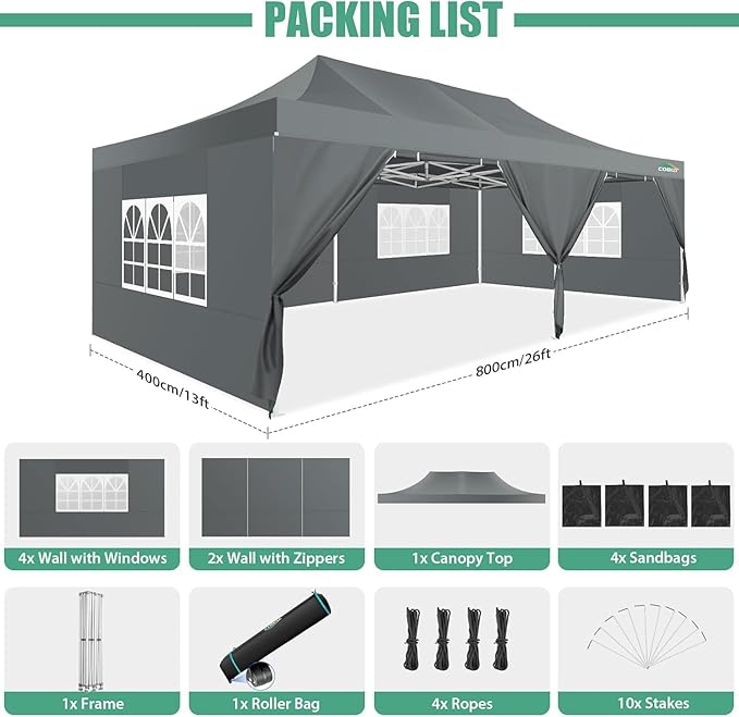 COBIZI 13x26 Pop Up Canopy Heavy Duty Canopy with Removable Sidewalls Party Tent Outdoor Wedding Large Event Tent with Roller Bag for Garden Lawn Waterproof UPF 50+ Easy Up, Gray (Framework Upgraded)