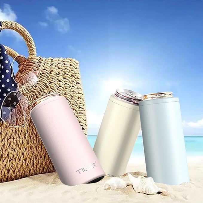 TILUCK Skinny Can Cooler for Slim Beer & Hard Seltzer, Stainless Steel, Doucle-Walled Stainless Steel Insulated Slim Cans, Standard 12 oz (Frosted Sky)