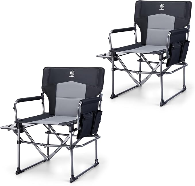 EVER ADVANCED Camping Directors' Chair with Side Table, Portable Folding with Compact Size, Heavy Duty Lawn Chair with Pocket for Camping, Lawn, Sports and Fishing, 400lbs, Black 2 Pack