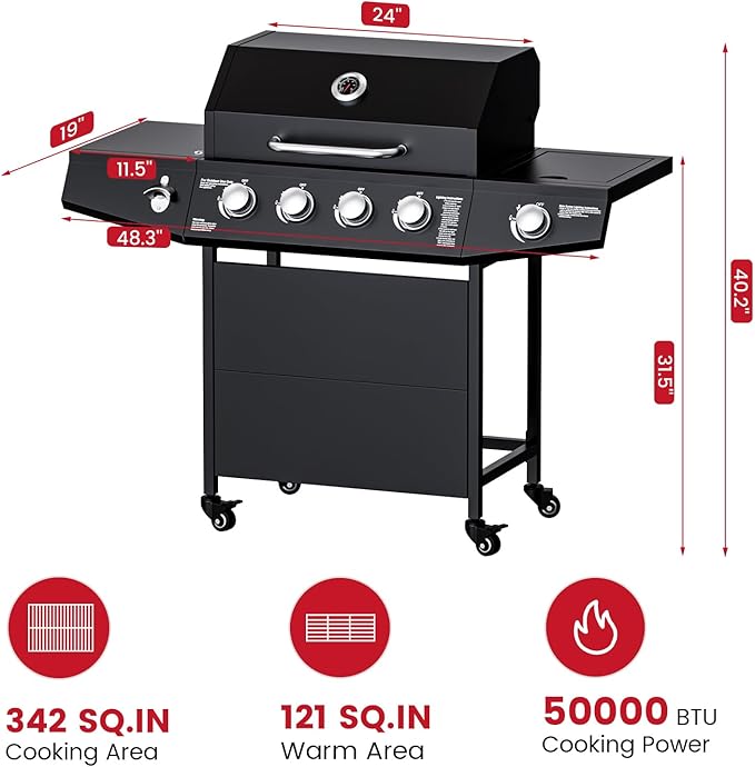 4-Burner Propane Gas Grill with Side Burner, 50,000 BTU Outdoor Gas BBQ Grill with Stainless Steel Grate, Easy-Clean Grease, Outdoor Cooking for Patio, Camping, Backyard