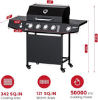 4-Burner Propane Gas Grill with Side Burner, 50,000 BTU Outdoor Gas BBQ Grill with Stainless Steel Grate, Easy-Clean Grease, Outdoor Cooking for Patio, Camping, Backyard