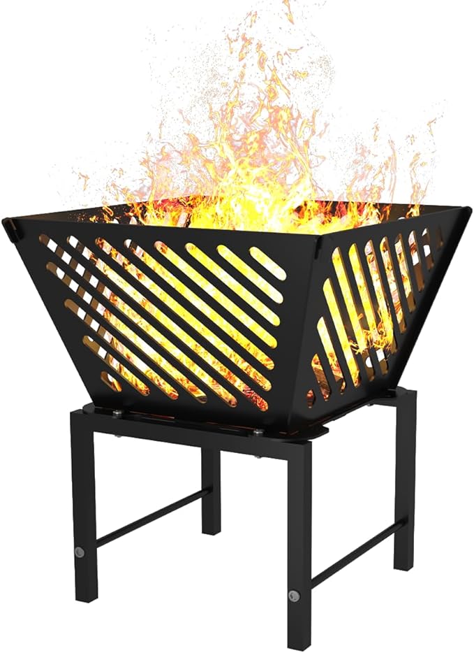Outdoor Fire Pit — 17 Inch Portable with Storage Bag for Camping, Patio Heating, Picnic and BBQ, Trapezoid Diagonal Hollow, Black