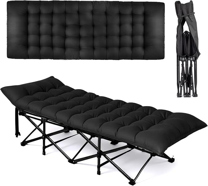 VINGLI Folding Camping Cot Bed,Camping Cots for Adults with Mattress, Cots for Sleeping with Pillow 1200D Layer Oxford for for Guest-Black 1P