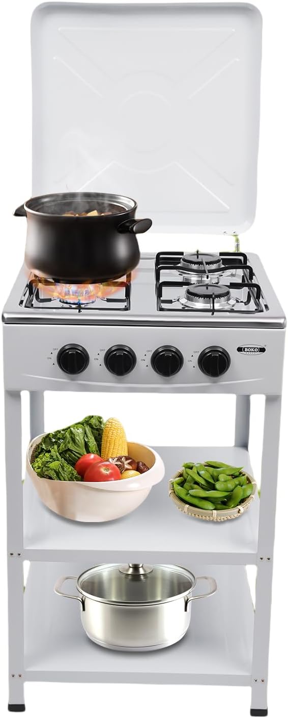 4 Burner Gas Stove Portable Natural Gas Camping Grill Stove Floor Standing Gas Cooktop with Storage Stand and Wind Blocking Cover Adapter Manual Ignition for Outdoor Camping RV,White