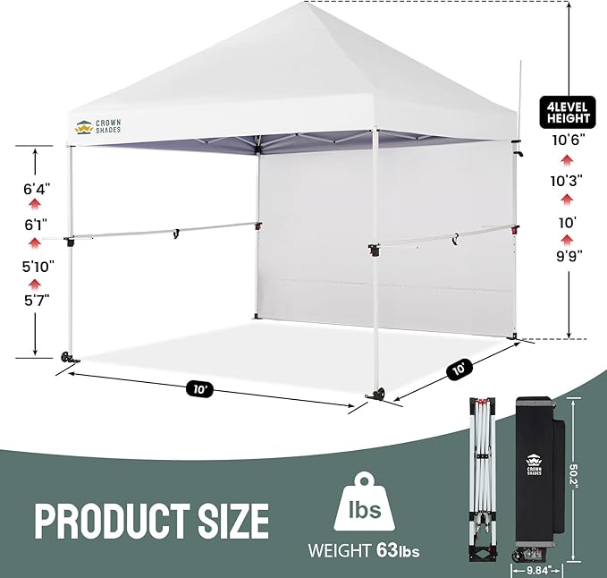 CROWN SHADES 10x10 Pop Up Canopy Tent with 1 Comercial Kit, Instant Commercial Tent with Patended Centerlock, 400D Silver Coated Fabric, 1 Sidewall, 4" Wheels, Sto'N Go Bag,White
