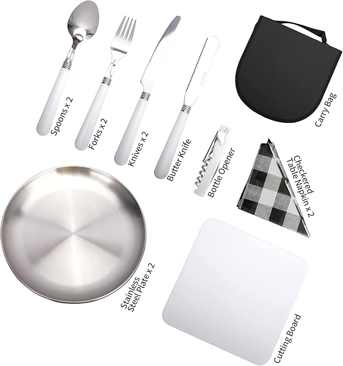 Camping Cutlery Set,Camping Silverware Kit Cutlery Organizer Utensil Picnic Mess Set,Travel Camping Portable Fork Spoons Plate Cutlery Set for Hiking, Picnic and Backpacking, Perfect for 1-2 Person (