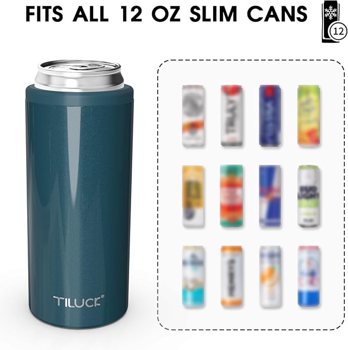 TILUCK Skinny Can Cooler for Slim Beer & Hard Seltzer, Stainless Steel, Doucle-Walled Stainless Steel Insulated Slim Cans, Standard 12 oz (Glitter Indigo)