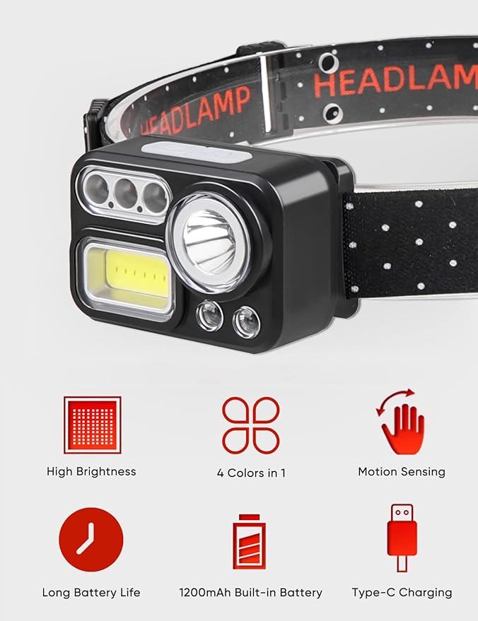 XLENTGEN Headlamp Rechargeable 4 Colors in 1 LED Headlamp 500 Lumens Super Bright Motion Sensor Head Lamp, 2-Pack 8 Modes White Red Blue Green Light Headlight for Camping Fishing Cycling Hunting