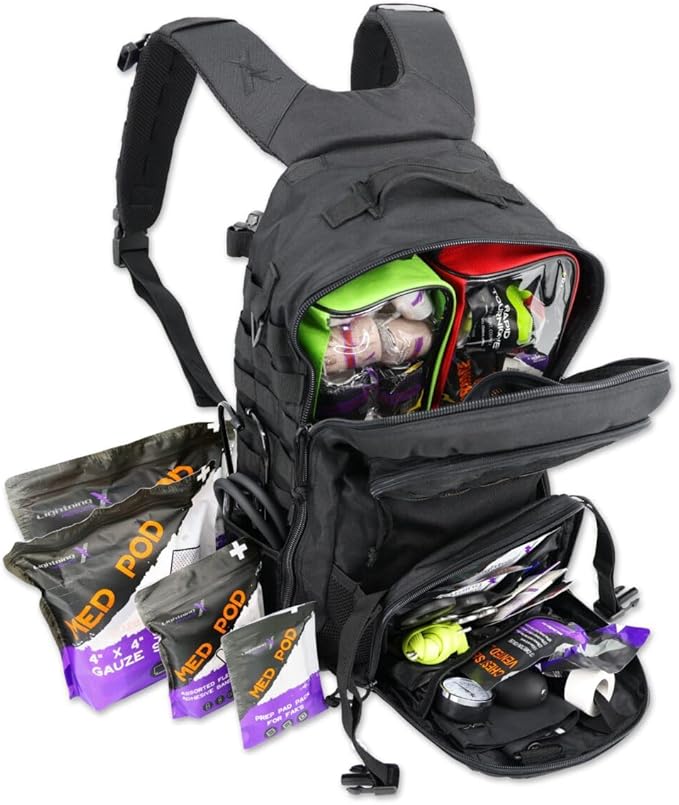 Lightning X Stocked Modular Trauma & Bleeding First Aid Responder Medical Backpack + Kit - Black