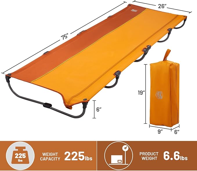 TIMBER RIDGE 20-Second Quick Set-Up Camping Cot, Lightweight Aluminum Folding Cot Low Profile with Zipper Closure, Portable Carry Bag for Camping, Travel and Outdoors, Support up to 225lbs, Orange