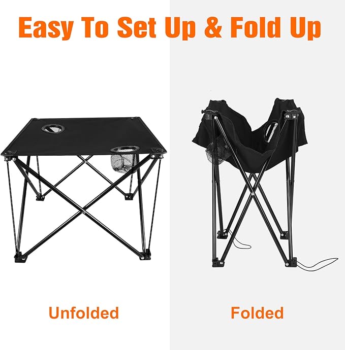 Folding Camping Table, 600D Oxford Portable Picnic Tables Lightweight Folding Table Beach Table with 2 Cup Holder for BBQ Outdoor Fishing Beach Picnic and Outdoor Activities