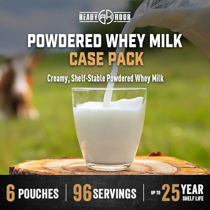 Ready Hour Powdered Whey Milk Case Pack (96 Servings), Powdered Milk In Bulk, Freeze-Dried Food, Emergency Preparedness Kits, Emergency Milk Powder, Long-Term Storage, Long Shelf Life Food