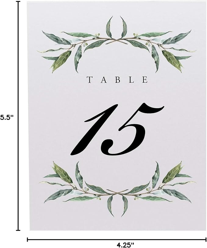 Laurel Wreath and Greenery Wedding Table Numbers, 1-175, Double Sided, Tent or Use in a Stand, Great for Parties & Restaurants - Made in the USA