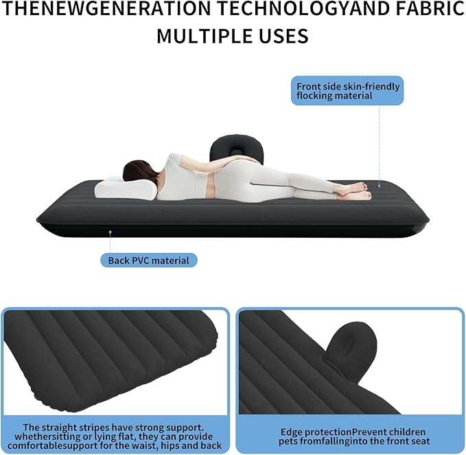 Car Air Mattress, Inflatable SUV Truck Camping Mattress for Back Seat, Thickened Travel Car Bed Sleeping Pad with Inflatable Pier Air Pump 2 Pillows (Black)