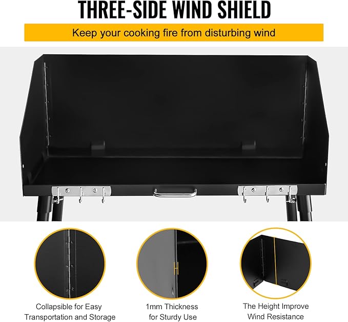 30 x 16 Inch Carbon Steel Dutch Oven Camp Cooking Table with Three-Sided Windscreen and Four Legs for Grill Travel, Outdoor Picnic, Beach, BBQ, Backyards