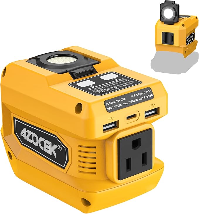 220W Power Inverter Compatible with Dewalt 20V Battery(Battery not Included), DC 20V to AC 110V, 2 USB Ports & 1 Type-C Fast Charging, 400LM LED Work Light