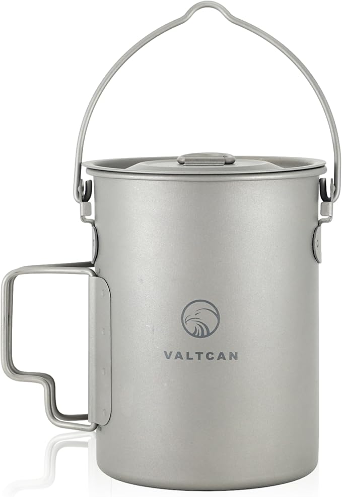 Valtcan 900ml Titanium Pot Boil Cook & Drink From One Pot, 134g Ultralight, Thicker Gauge Grade 1 Ti, Aligned Bail Handle, Nests 32oz Nalgene, Lid with Steam Holes, Campfire & Stove, Mesh Bag