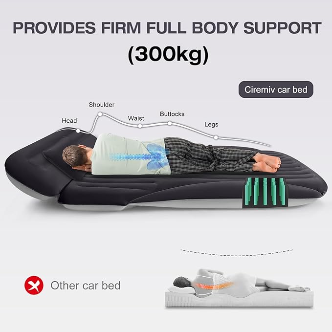 SUV Air Mattress, Double-Sided Thick Flocked Car Air Mattress with Built-in Pump & Pillow, Complete Sleeping Accessories for Auto Camping & Road Trips（Blue Black）