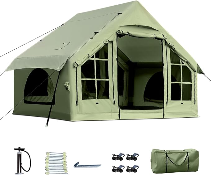 2025 Upgraded Waterproof Inflatable Camping Tent, Large Blow-Up Air Tent, No Assembly Needed Luxury Glamping House, Oxford Fabric