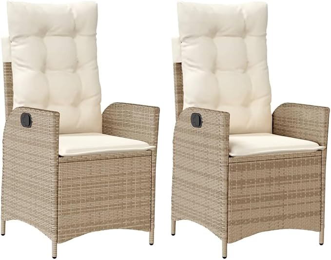 Reclining Patio Chairs 2 pcs with Cushions Beige Poly Rattan Porch Chairs Camping Chairs Patio Chairs Living Room Chairs for Dining Patio Bedroom Outdoor