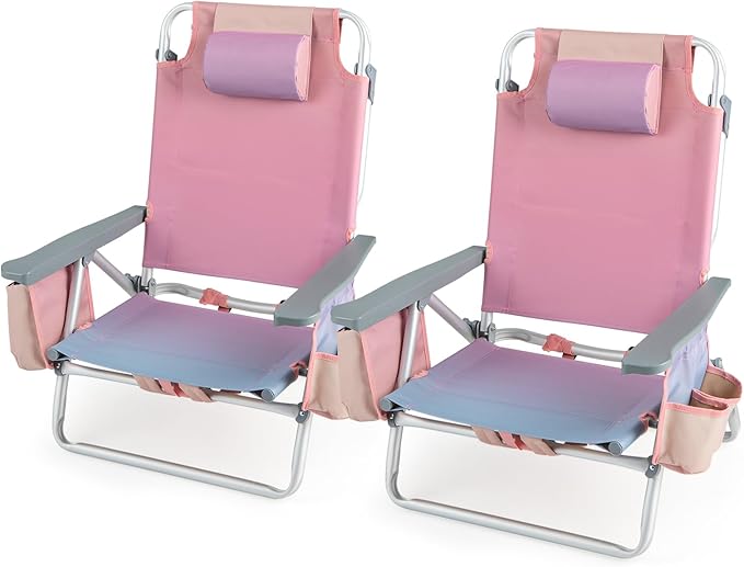 Tangkula Set of 2 Backpack Beach Chair, 5-Position Lay Flat Beach Chairs with Cooler Bag, 2 Cup Holders, Towel Bar, Lightweight Folding Beach Chair with Backpack Straps