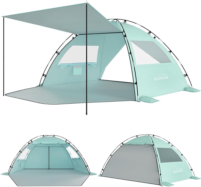 Elegear CumbreX™ Beach Tent Sun Shelter with Canopy, 6-8 Person Pop Up Beach Tent, Easy Setup UPF 50+ UV Protection Portable Lightweight Double Silver Coating Cabana Sun Shade Shelter - Green